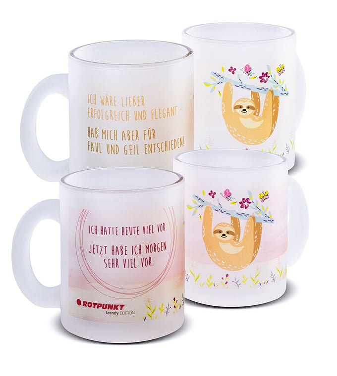 Faultier-Tassen - 2x Milchglas / Motiv 1 und 2