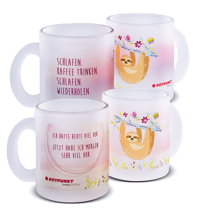 Faultier-Tassen - 2x Milchglas / Motiv 1 und 4